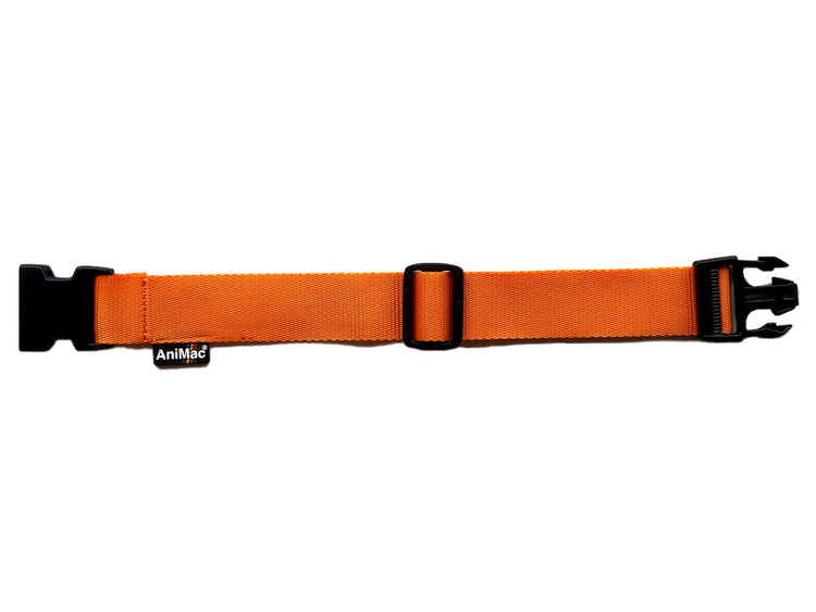 An orange adjustable nylon Belly Strap Extender from AniMac, with a black plastic buckle and AniMac label, is laid flat on a white background. Perfect for Super Jackets or pregnant animals.