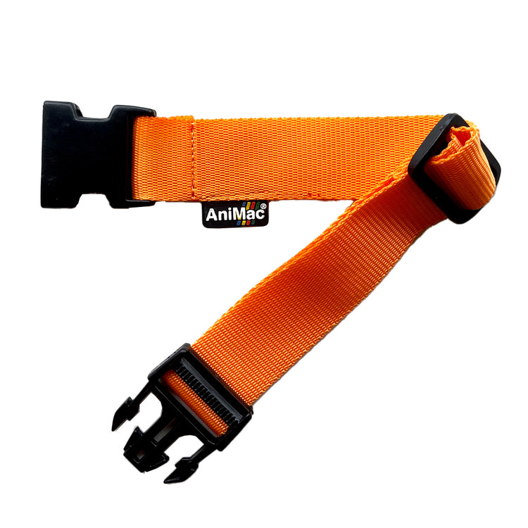 An AniMac Belly Strap Extender for Super Jackets, adjustable with a black plastic buckle and slider, featuring the brand label. Designed for comfort with width extension, the extender is displayed flat on a white background.