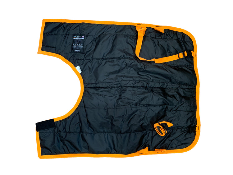 The AniMac Alpaca Coat | Waterproof is a black quilted horse blanket with bright orange trim and straps, designed for breathability, shown laid flat on a white background.