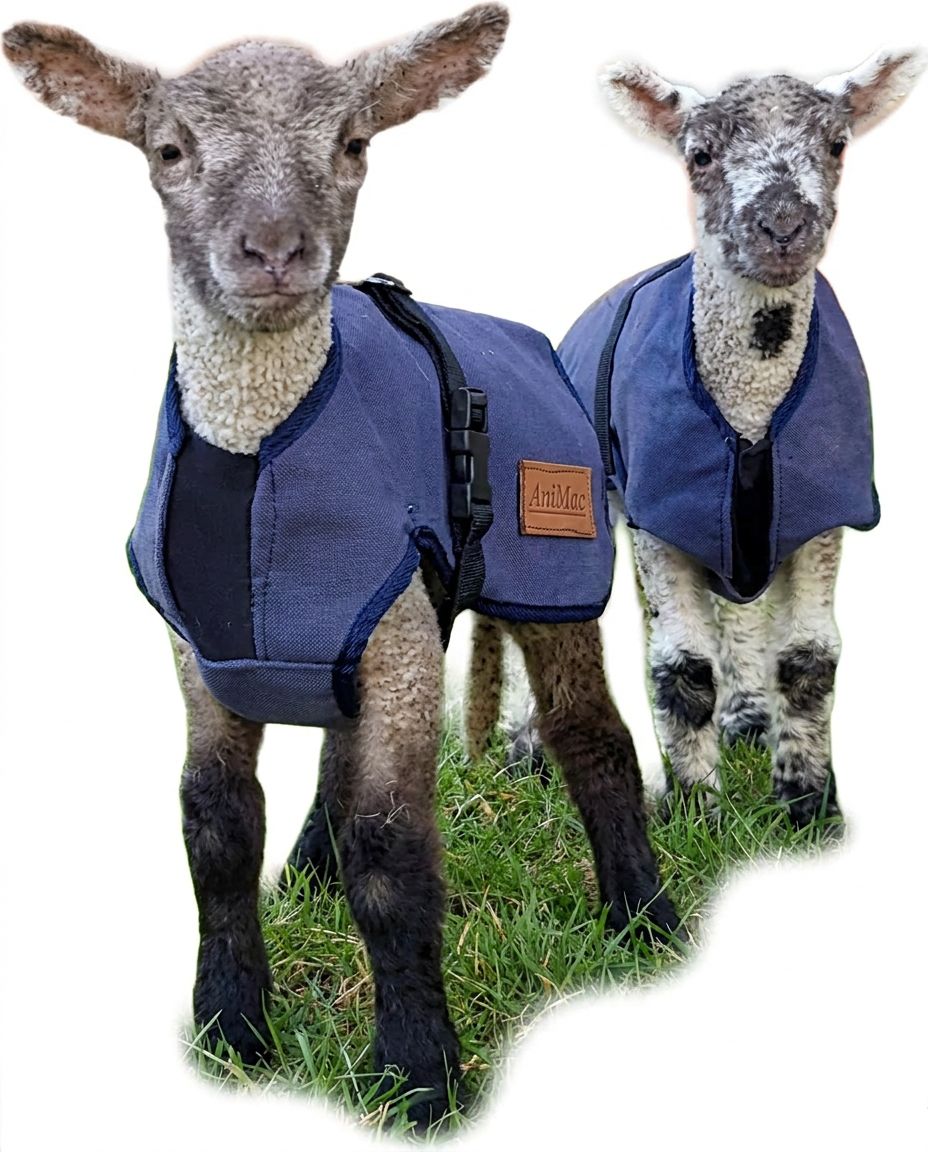 Two lambs wearing AniMac Canvas Lamb Coats with wool lining stand on grass. The lamb in front looks at the camera, while the one behind is slightly blurred. Both breathable coats feature a brown AniMac patch. The background is white.