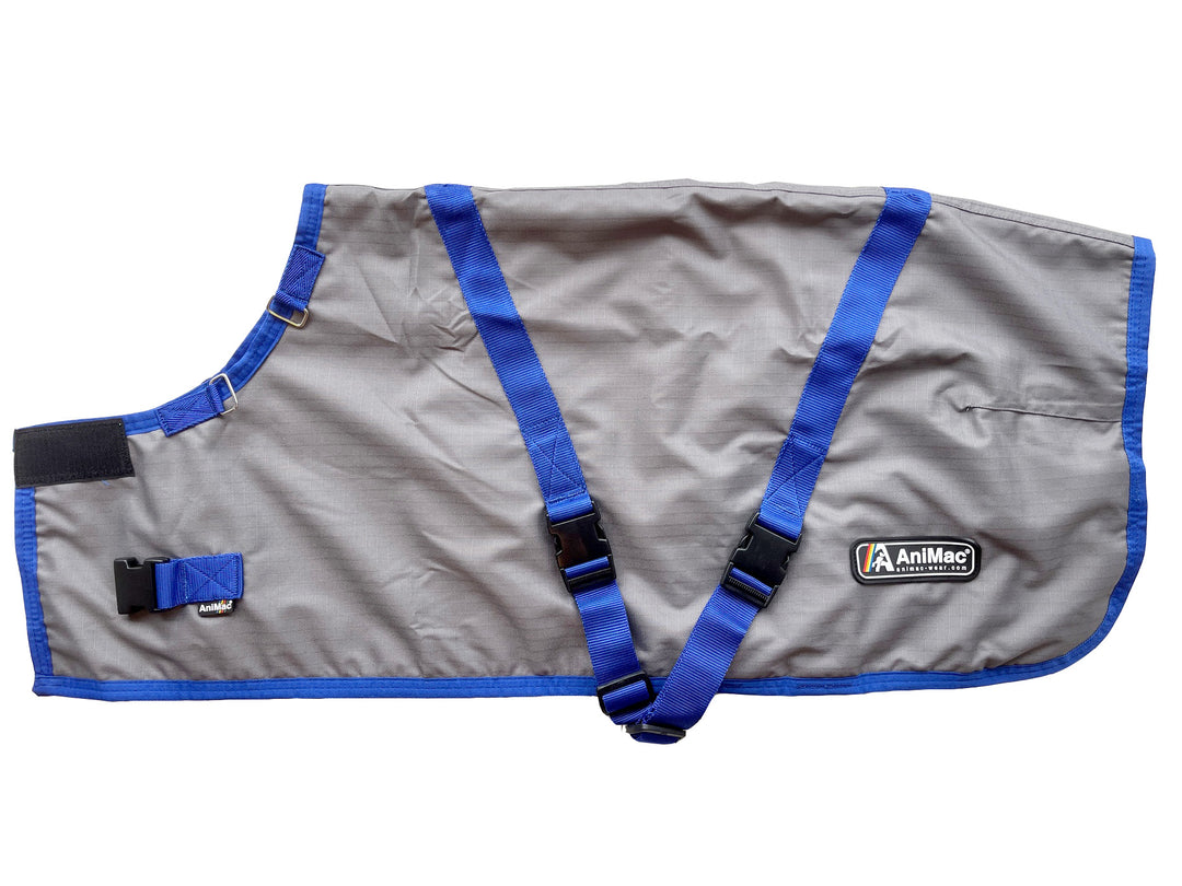 The Super Calf Jacket | Lightweight Waterproof in grey and blue features adjustable straps, buckles, and an AniMac label, shown flat on white—perfect for keeping newborn calves warm.