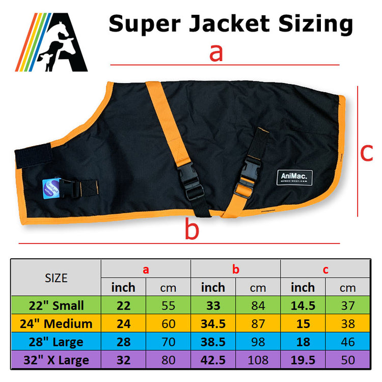 A sizing chart for the AniMac Alpaca Coat | Waterproof shows a photo of the black and orange dog jacket with labeled measurements (a, b, c), plus a size chart in inches/cm for sizes small to extra large.