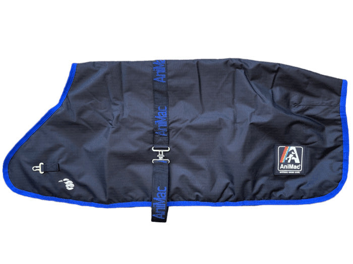 The AniMac Goat Coat | Waterproof is a black, breathable coat featuring blue trim, a middle buckle strap with the AniMac brand, and two side logos: one paw print and one rectangular AniMac logo.