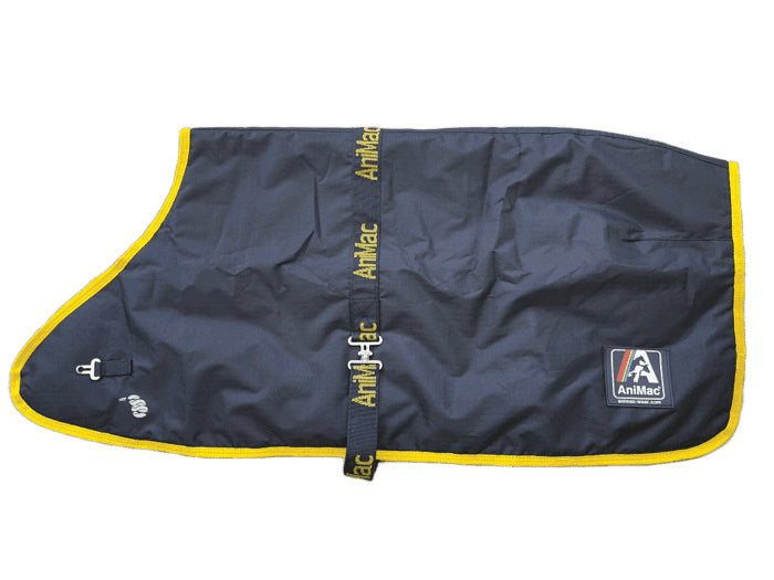 A navy blue AniMac Alpaca Coat | Waterproof horse rug with yellow trim, a yellow AniMac strap, silver buckle, and AniMac logo patch—crafted from breathable material for comfort and durability.