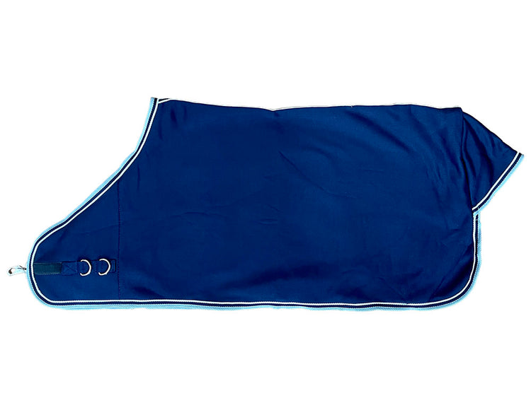 The AniMac Drying Sheep Coat | Wicking/Cooler is a blue, moisture-wicking blanket with light trim and two metal rings on one end, shown laid flat on a white background.