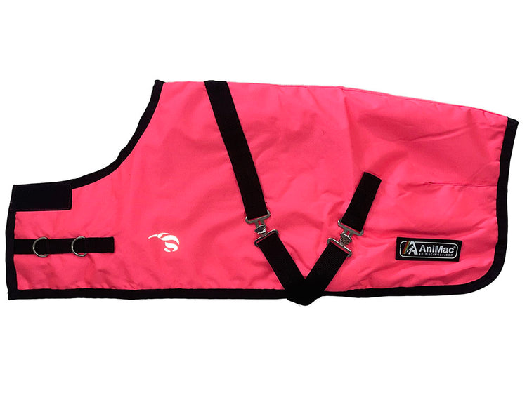 Bright pink horse rug with black edging and straps, a white logo on the side, and an AniMac patch near the bottom—perfectly complements our AniMac Premium Calf Jacket - Metal Clips.