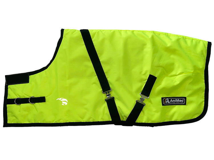 The AniMac Premium Calf Jacket - Metal Clips is a bright yellow-green, breathable jacket with black straps, buckles, trim, a small white logo, and an AniMac label on the side.