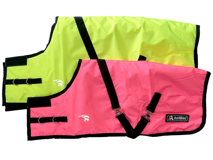 Two brightly colored AniMac Premium Calf Jackets with metal clips—one neon yellow and one hot pink—are laid flat and overlapping, each featuring black straps, buckles, breathable material, and the AniMac logo on the lower right corner.