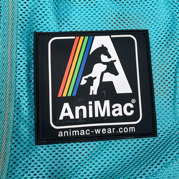 An AniMac patch with horse and cow silhouettes on black with rainbow stripes, “AniMac” and “animac-wear.com,” stitched onto turquoise mesh—ideal for fans of the AniMac Allrounder Fly Rug Combo | Standard.