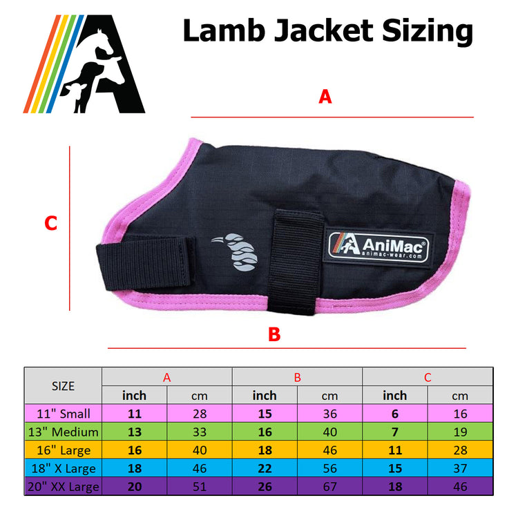 The AniMac Lamb Coat | Waterproof is shown in black with pink trim, labeled with dimensions A, B, and C. A sizing chart in inches and centimeters for sizes Small to XX Large appears below.