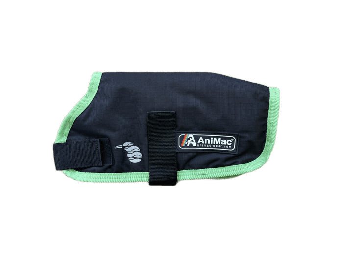 The AniMac Lamb Coat | Waterproof is black and green with a Velcro strap, featuring the AniMac logo and a paw print graphic on the side.