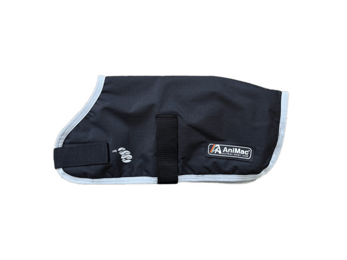 The AniMac Alpaca Coat | Waterproof is black and gray with a strap, Velcro closure, side logo, and branded label.