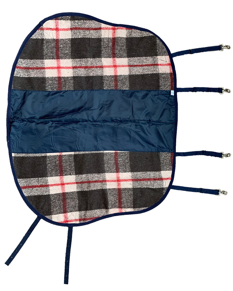 The AniMac Neck Cover features a NZ 18oz canvas and wool lining for warmth, a plaid pattern with red, black, and white stripes, a navy blue center panel, and adjustable navy straps with metal buckles.