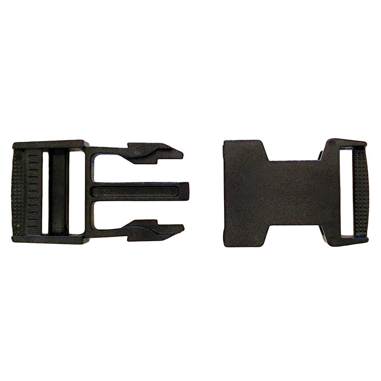 An AniMac Spare Plastic Clip in black, used for calf jacket leg straps, is displayed unfastened with the male and female parts aligned side by side on a white background.