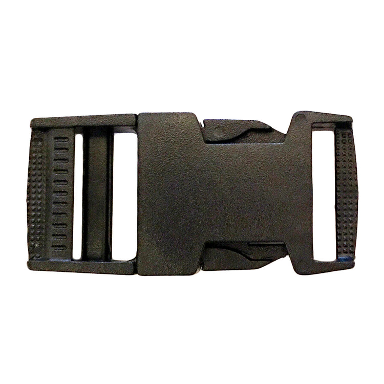 The AniMac Spare Plastic Clip is a black side-release buckle with two slots for leg straps or gear, ideal for securing backpacks, belts, calf jackets, or outdoor equipment. Shown here against a white background.