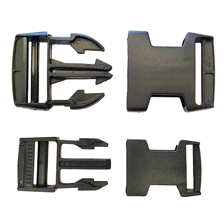 Four AniMac Spare Plastic Clips are shown side by side, each separated into male and female parts—ideal replacements for calf jacket leg straps, with various angles displaying the black plastic buckles.