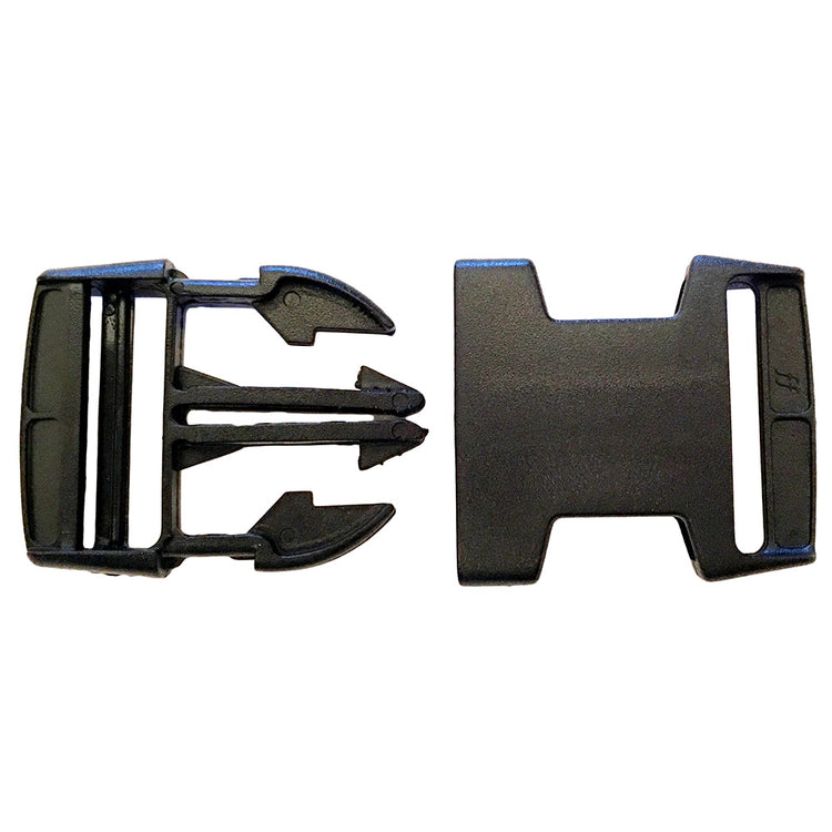 The AniMac Spare Plastic Clip is a black, plastic side-release buckle in two pieces—ideal as a replacement for leg straps on calf jackets. The male prong fits securely into the female slot for easy attachment.