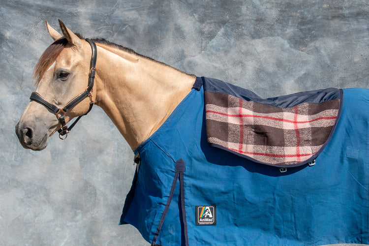 A light brown horse wearing the AniMac Neck Cover | NZ 18oz Canvas and Wool Lining stands against a gray mottled background, facing left in profile with a brown plaid saddle pad. See our Horse Rug Size Guide for the perfect fit.